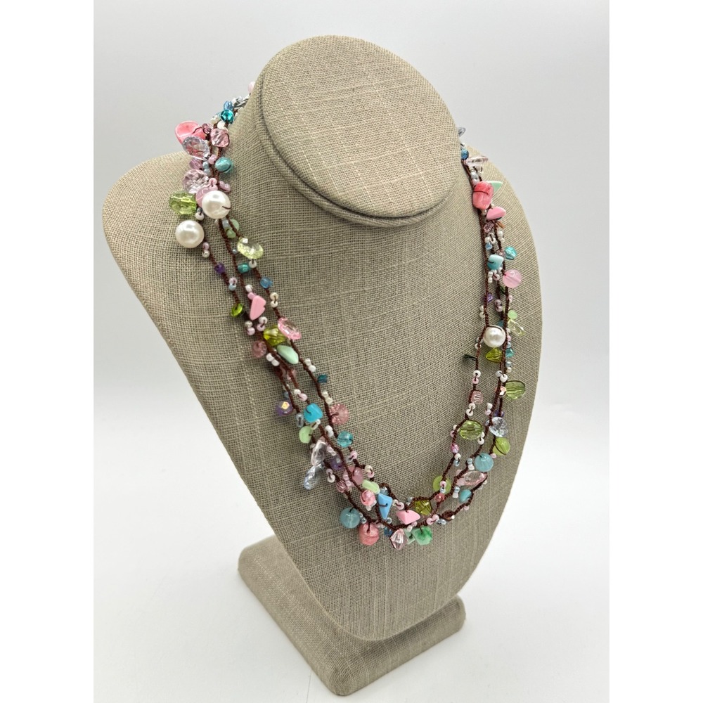 Boho Multi Strand Pastel Beaded Necklace UV Reactive Glass Pearl Mixed Media